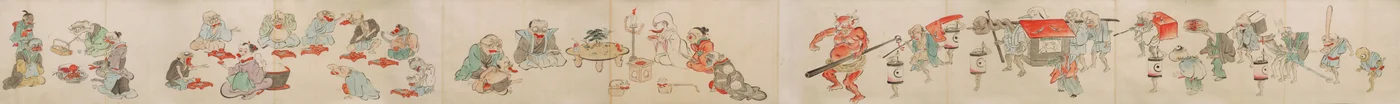 Pergamino japonés que representa el compromiso, matrimonio y vida hogareña de Yokai/youkai